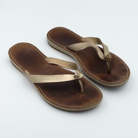 OluKai Nohie gold leather Strappy thong sandals flip flops size 11 Womans - Picture 1 of 11